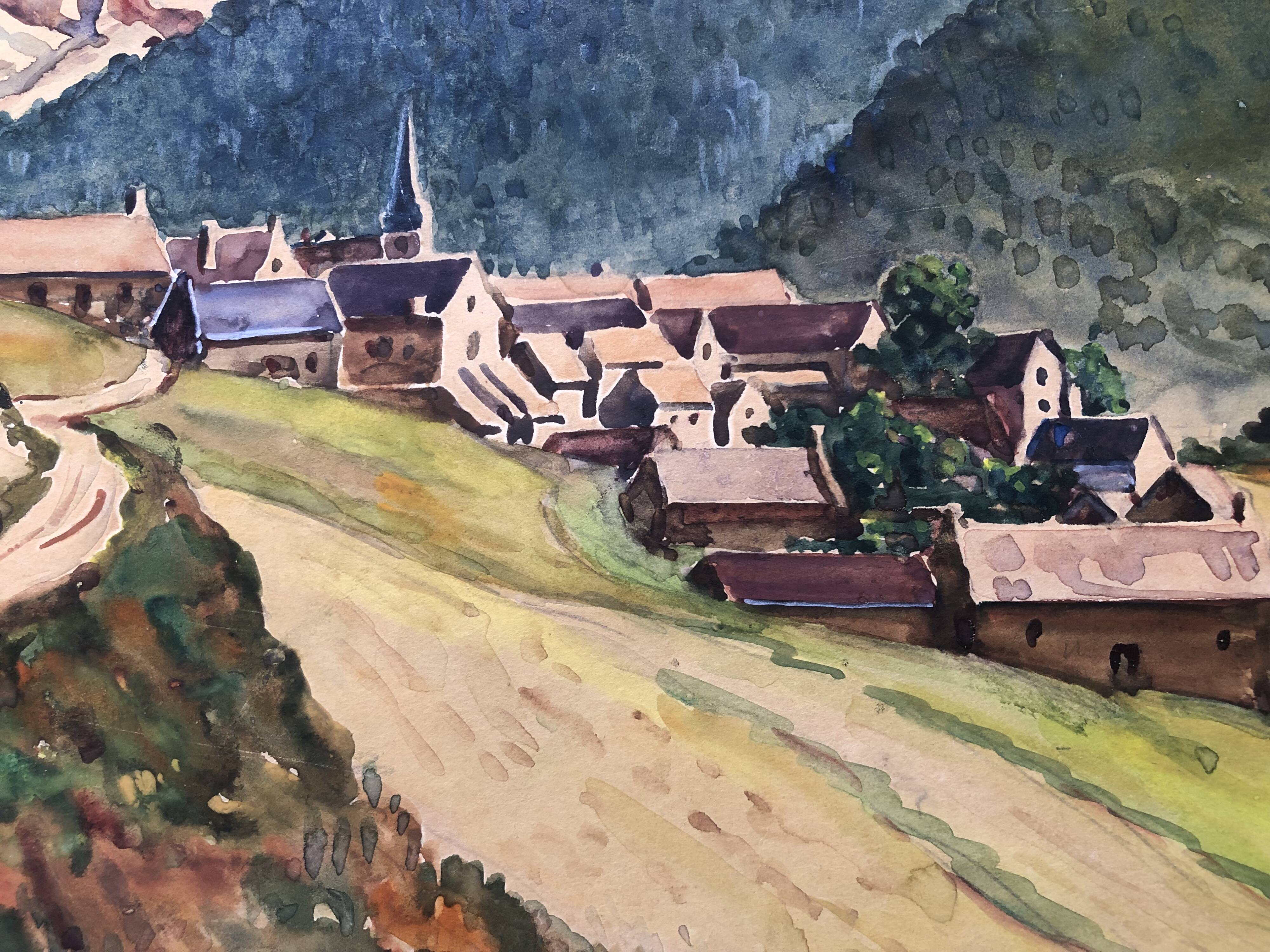 Watercolor painting mountain landscape by joseph hillion circa 1920 village alpes savoie, unframed