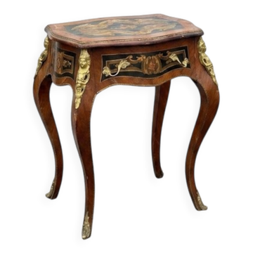 Louis XV style side table with marquetry and gilded bronze.