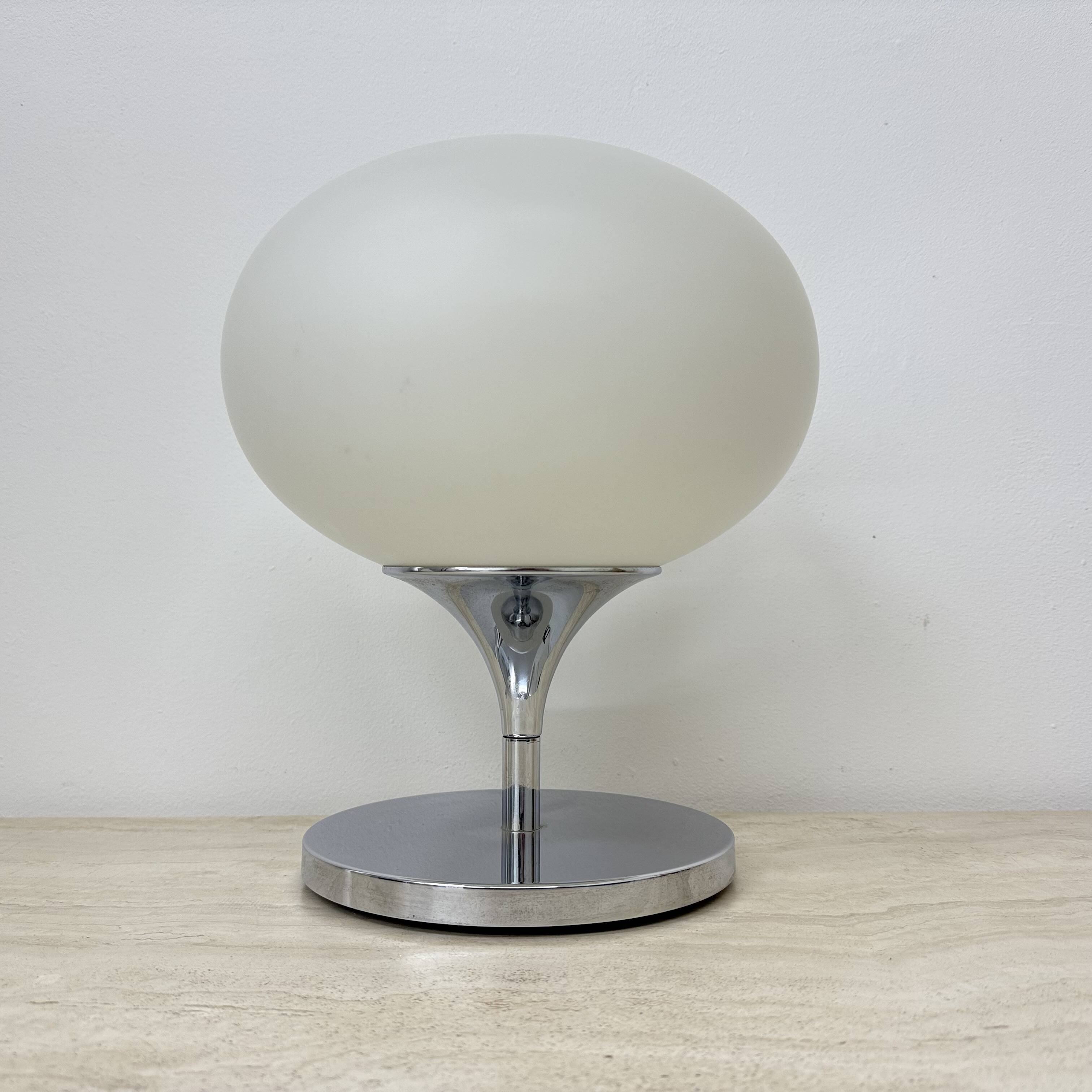 Opaline glass chromed steel & cast iron Space Age lamp by Kaiser Leuchten,