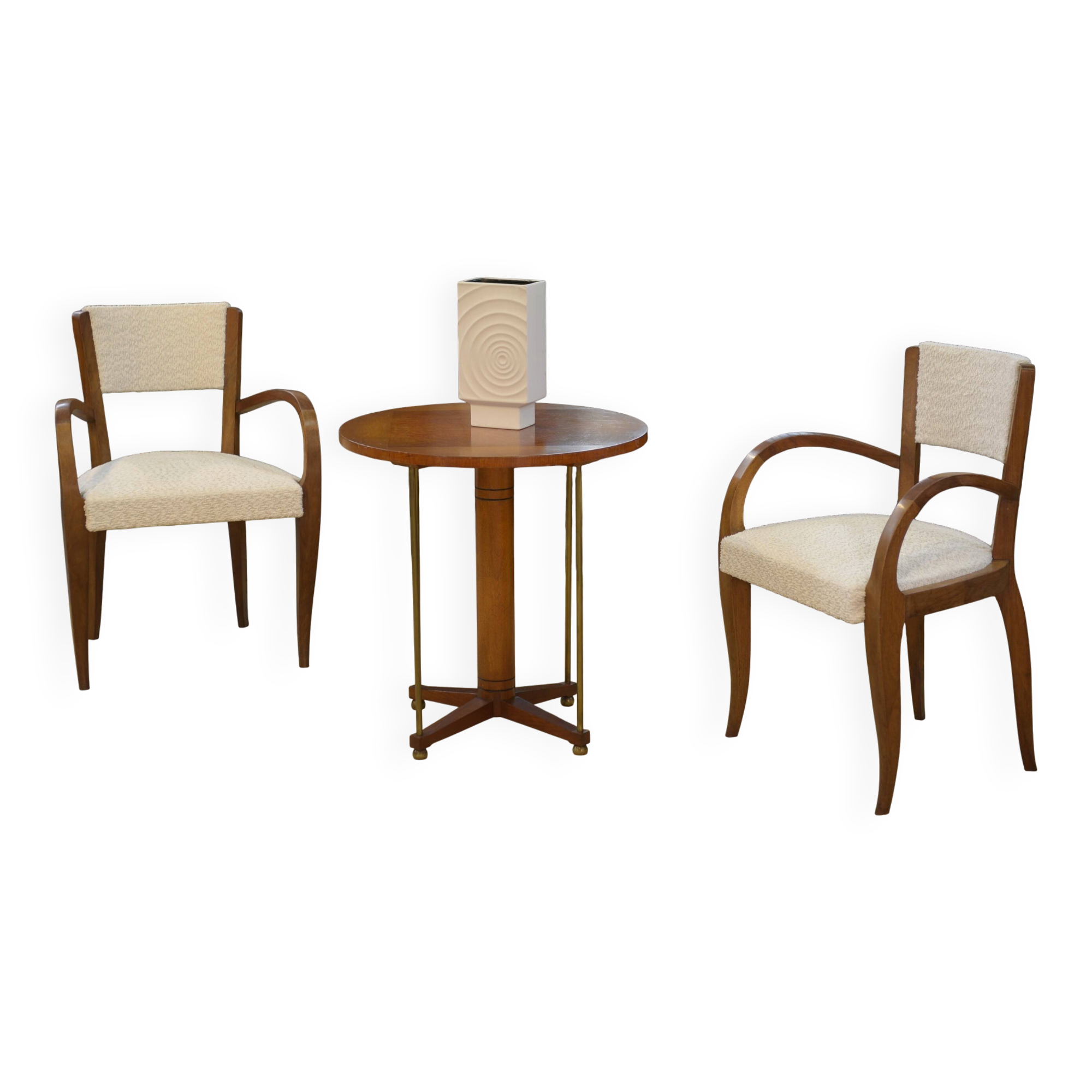 Pair of bridge armchairs in walnut and cream boucle fabric, early 20th century.