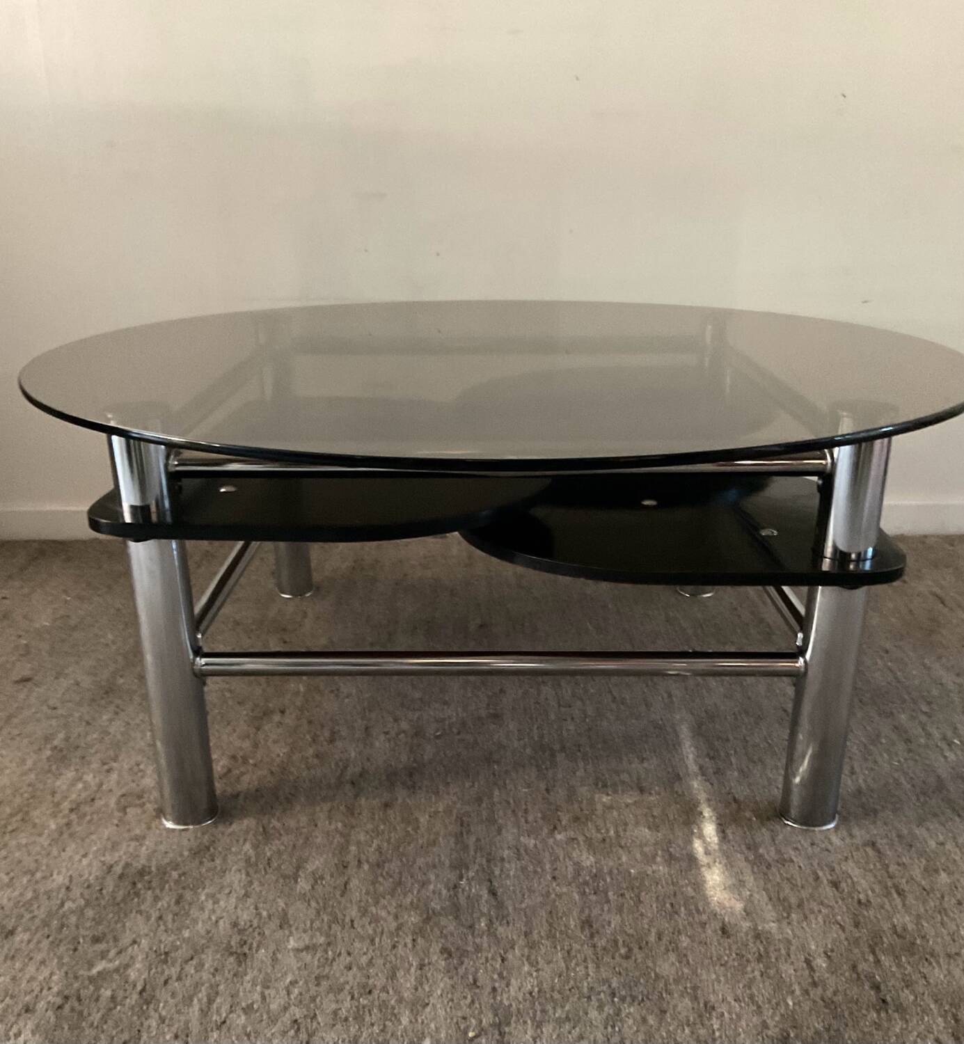 Vintage 1980s coffee table in smoked glass and chrome metal