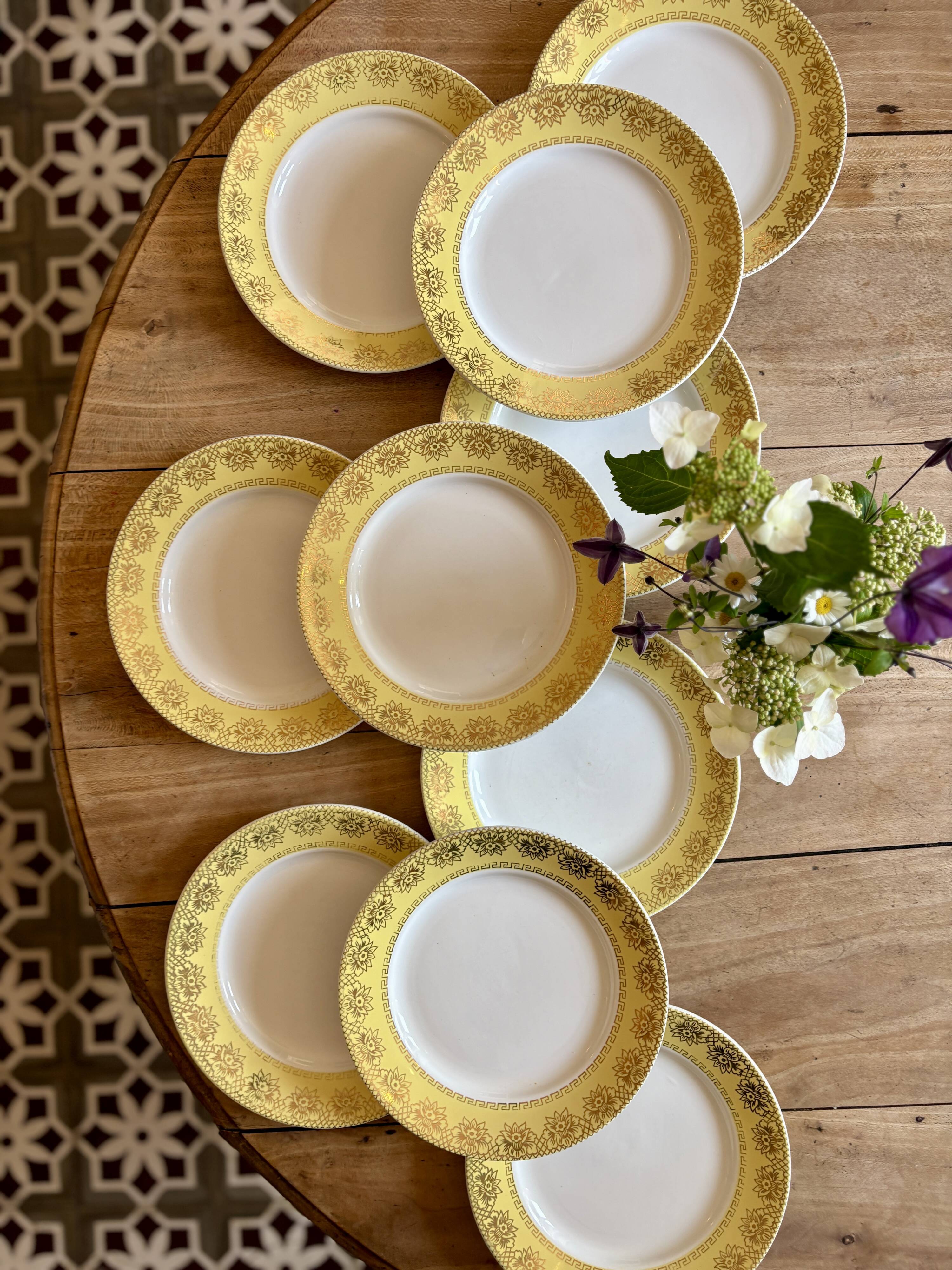 Set of 10 vintage white, yellow and gold dinner plates