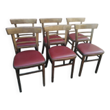 Lot de 6 chaises bistrot TON en bois courbé et assises en skaï rouge vintage.