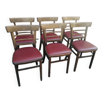 Set of 6 bistro chairs in curved wood and vintage red skai seats.
