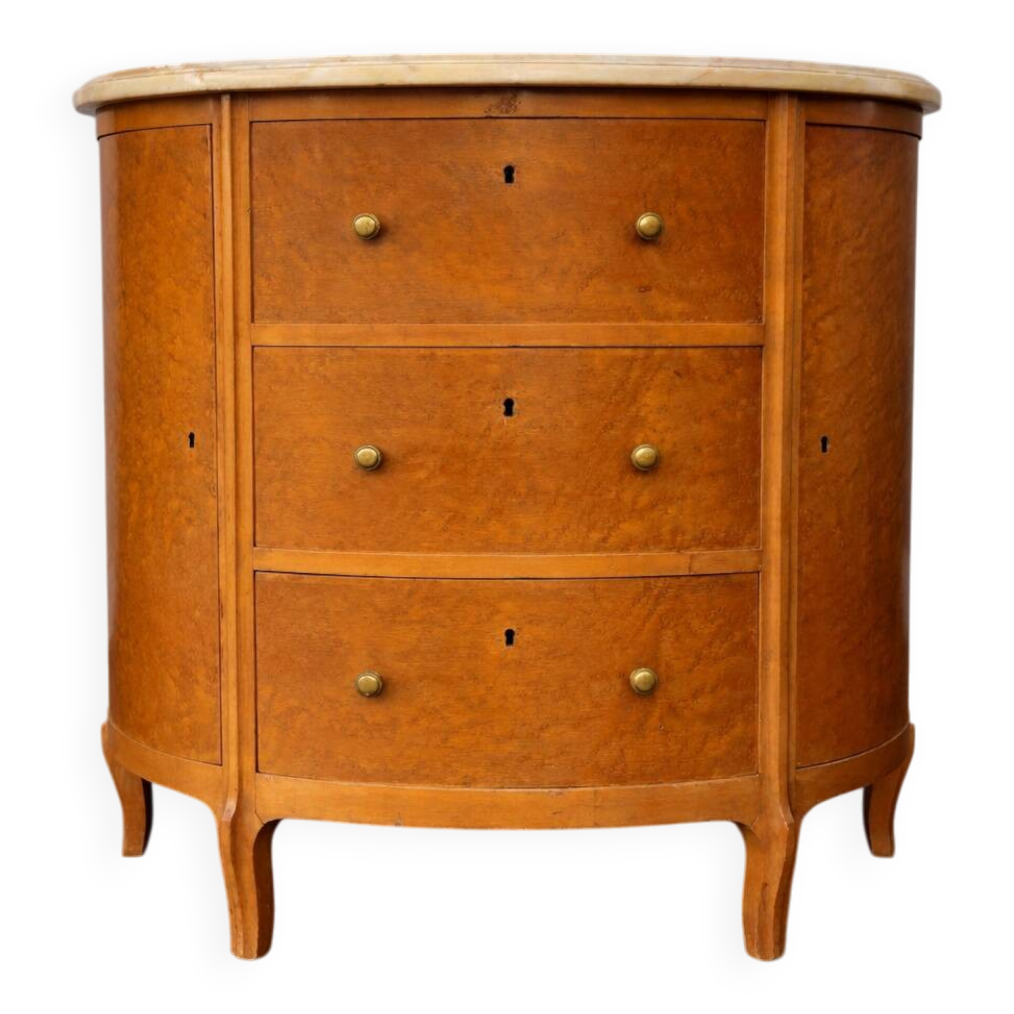 Half-moon commode in burl wood with a marble top.