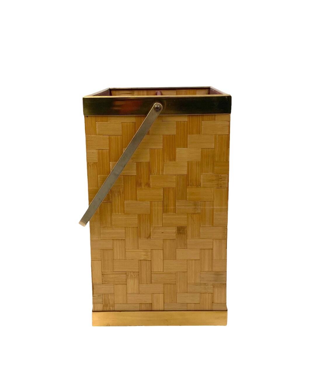 Hollywood regency brass and woven bamboo magazine rack, Metal Linea Nova Italy 1970