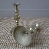Pair of brass candlesticks in gold metal, ethnic tribal decoration, bohemian artisanal production