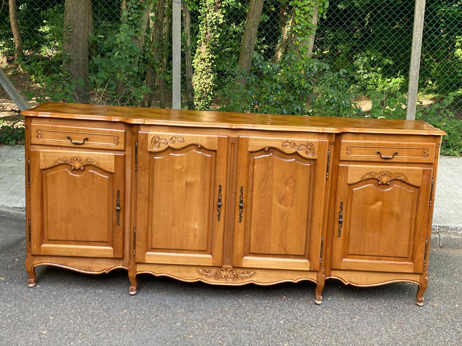 Light solid wood enfilade with Louis XV marquetry, 1950, 230cm.