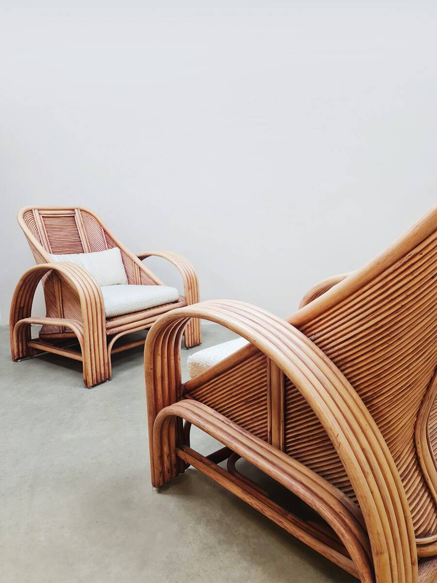 Ensemble de salon vintage en rotin rose et bambou