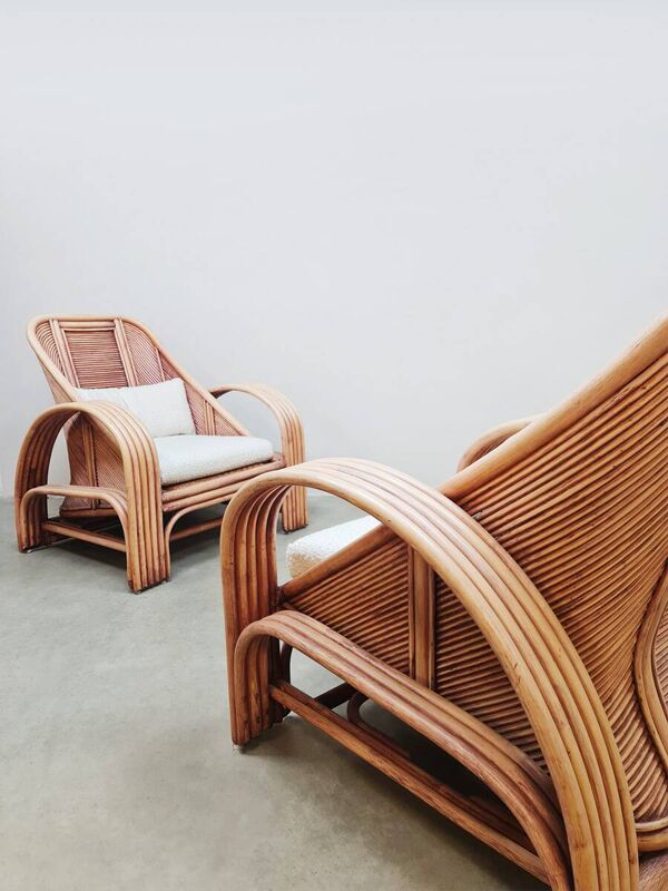 Ensemble de salon vintage en rotin rose et bambou