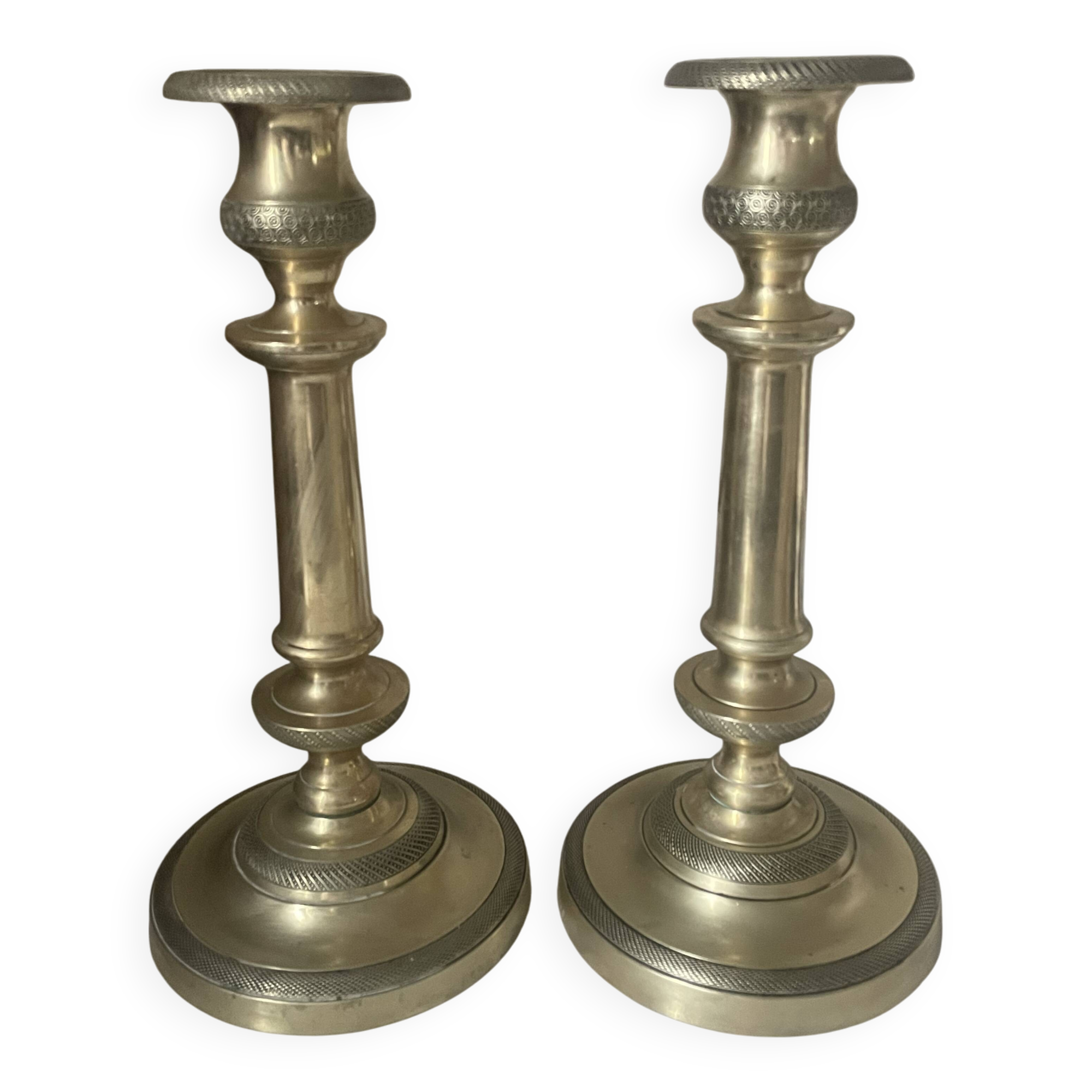 Pair of 19th century guilloche brass candlesticks