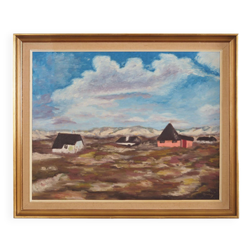 Tableau « Le village dans les nuages », design scandinave, années 1970