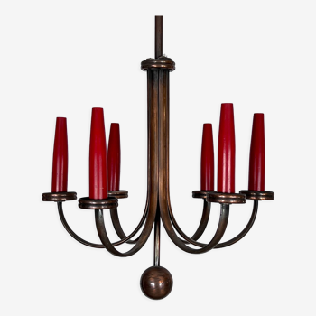 Mid-Century Modern six arms copper chandelier Italy 1950s