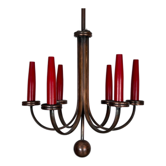 Mid-Century Modern six arms copper chandelier Italy 1950s