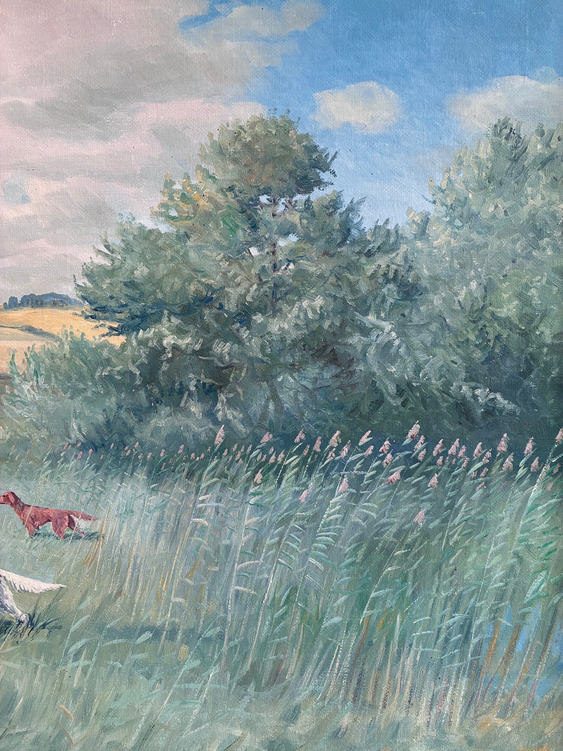 Large vintage original landscape dog oil painting