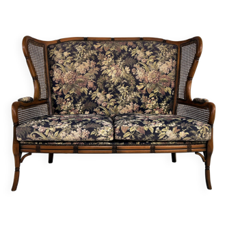 Wingback 2-seater sofa in carved wood, canework and fabric