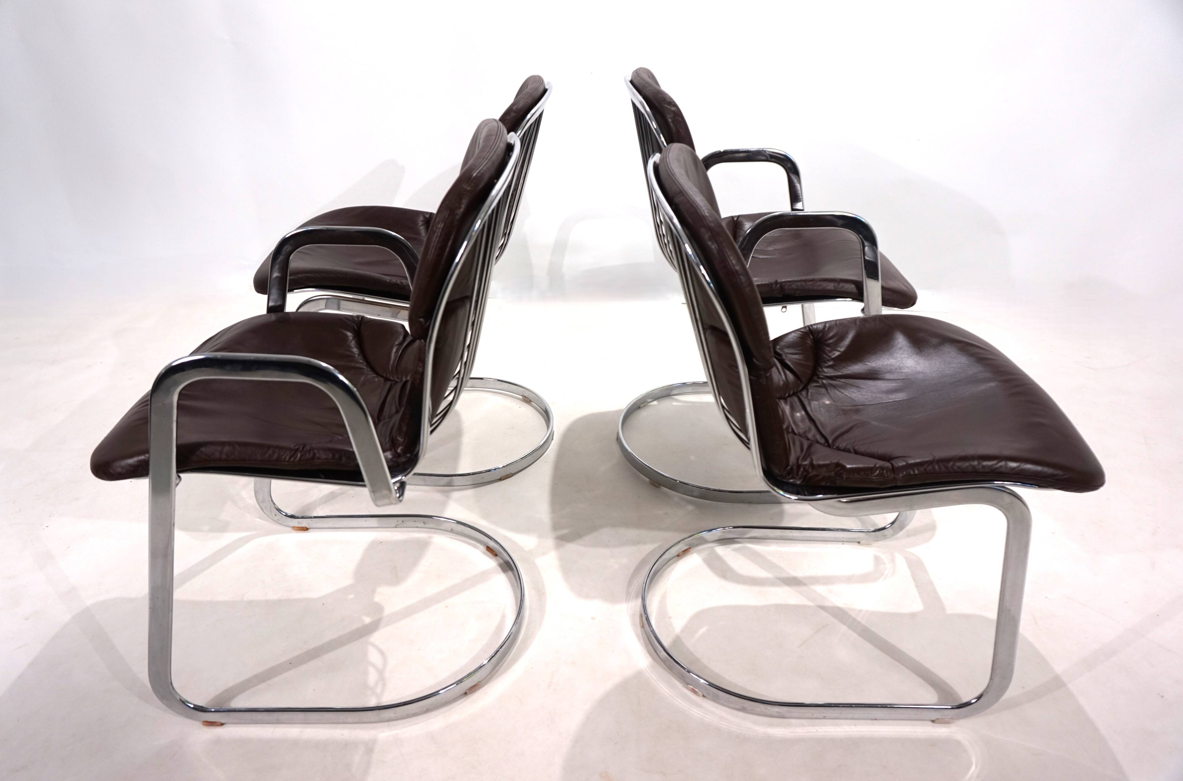 Set of four Cidue leather chrome cantilever chairs by Willy Rizzo, 1970