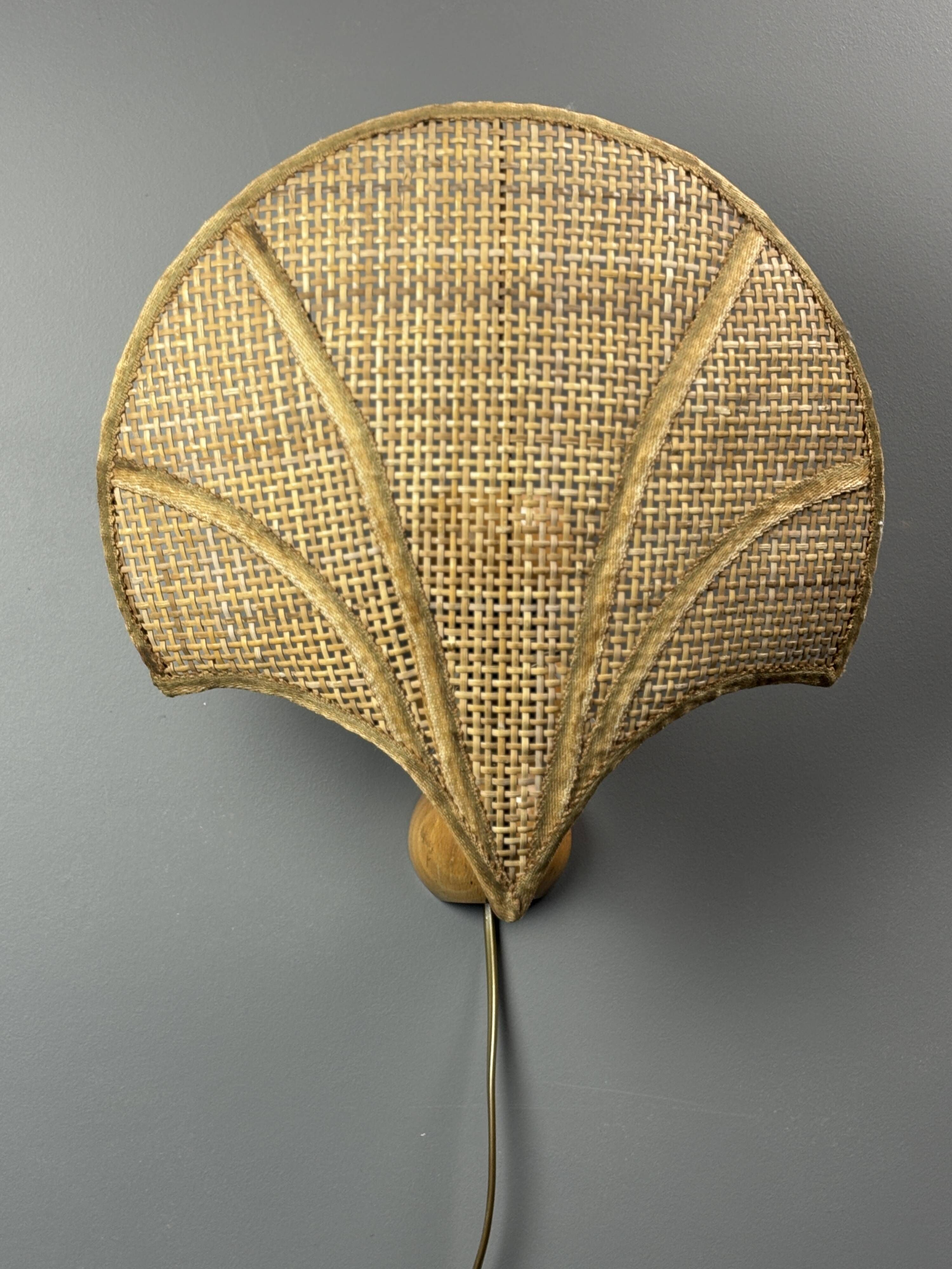 Pair midcentury Italian rattan wicker pine brass scallop wall sconces 1970s