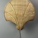 Pair midcentury Italian rattan wicker pine brass scallop wall sconces 1970s