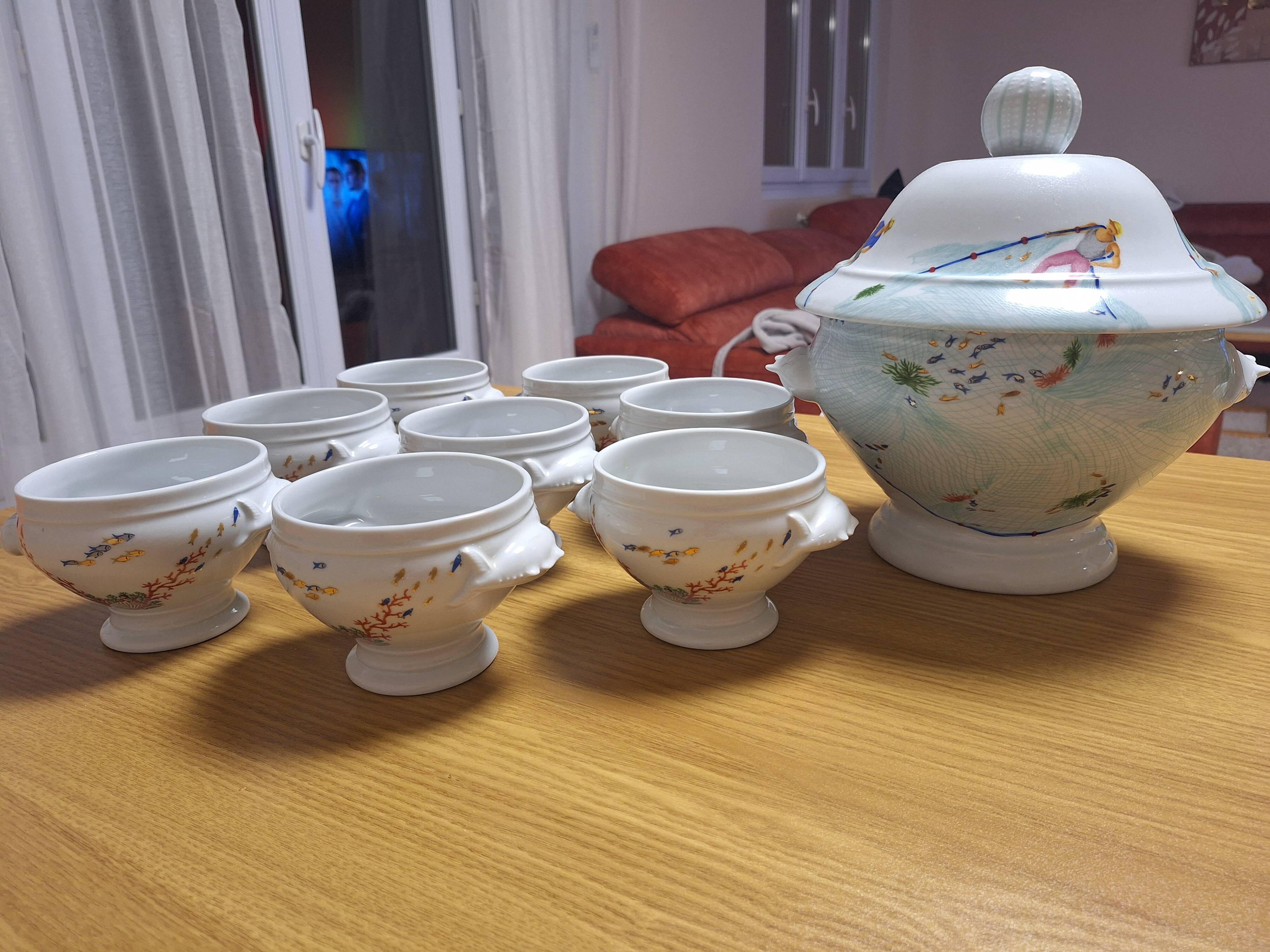 soup tureen + 8 bowls – Philippe Deshoulières “Caribbean Sea” – Porcelain