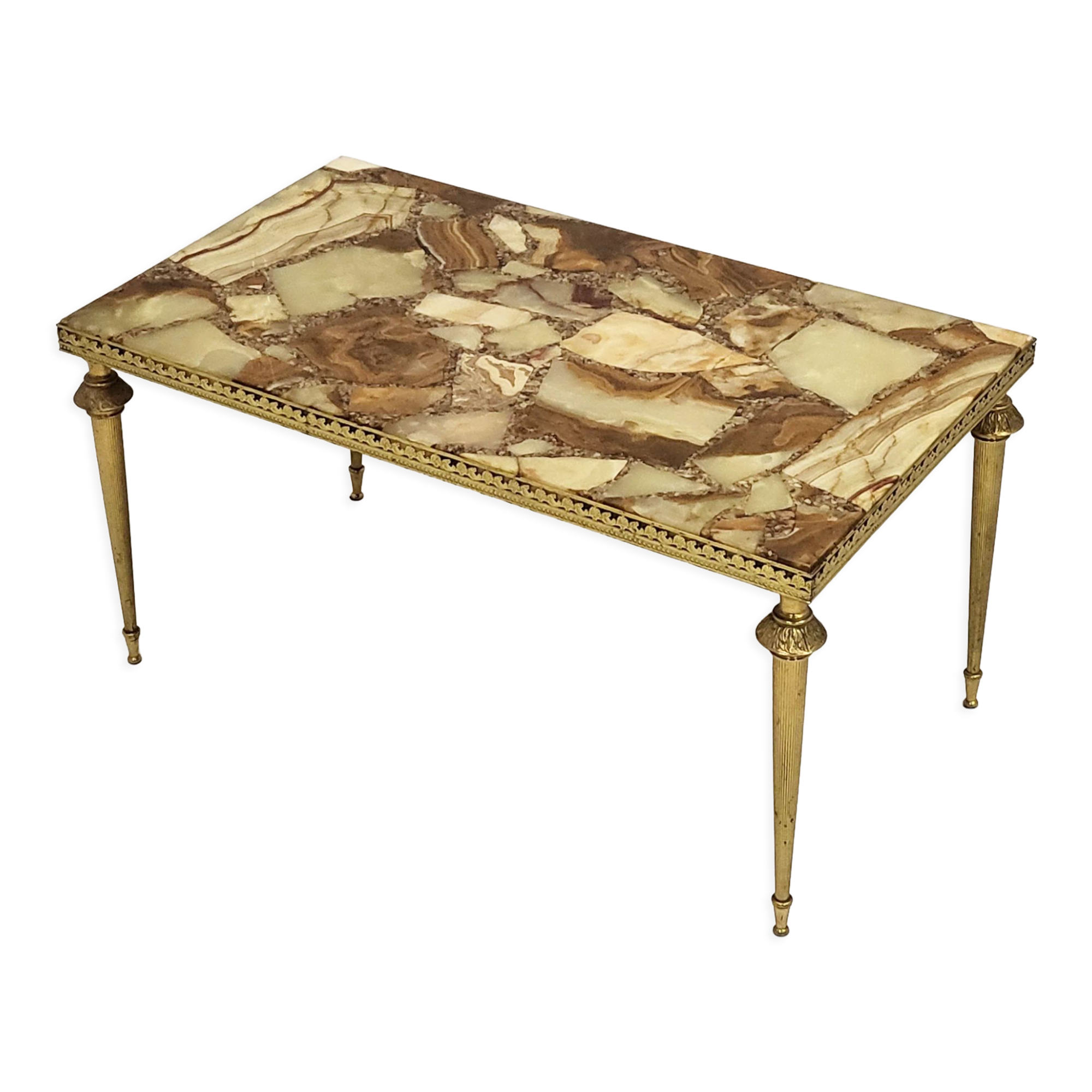 Table basse néo-classique en onyx et laiton 1970