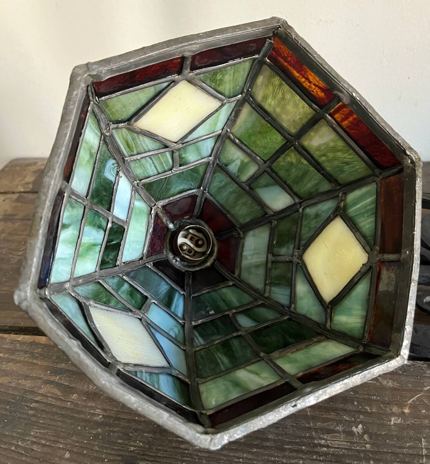 Antique Arts & Crafts Lamp cf. Tiffany Wrought iron and stained glass