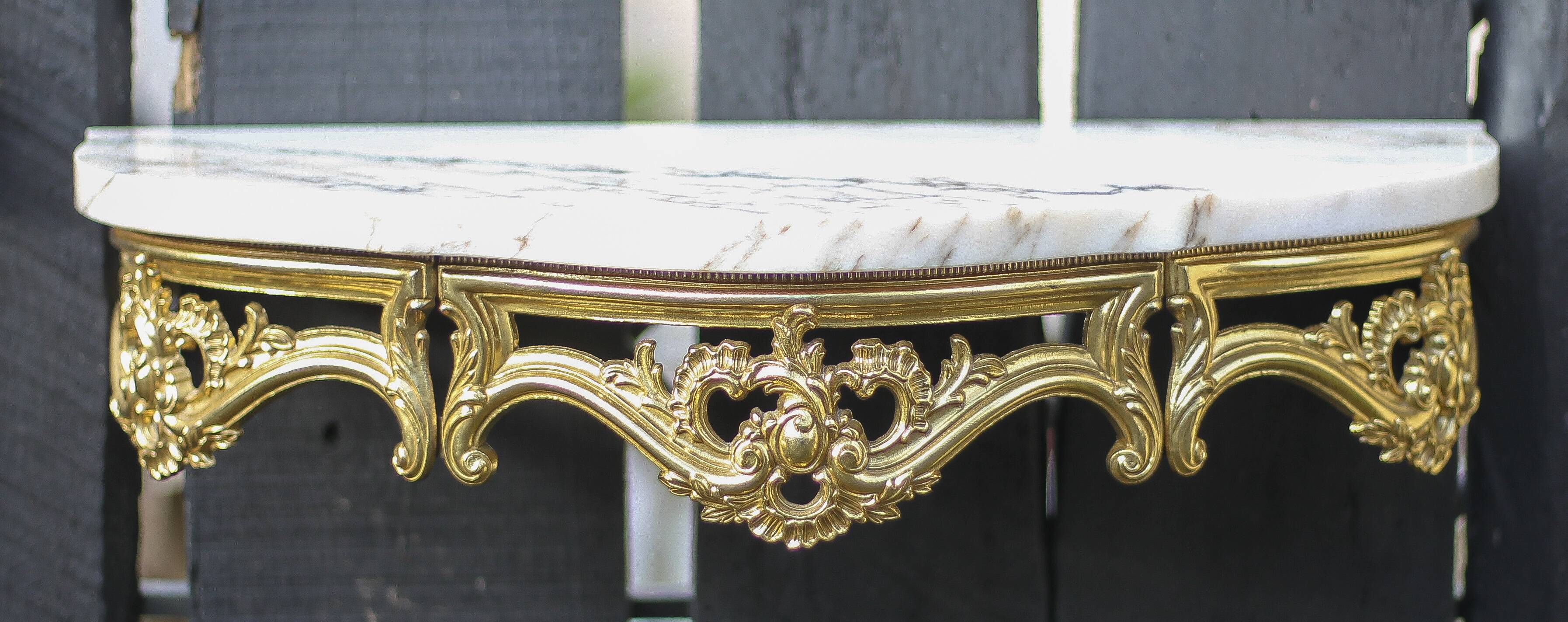 Console and its vintage mirror, brass and marble wall console, rococo style brass mirror