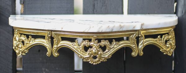 Console et son miroir vintage, console murale laiton et marbre, miroir laiton style rococo