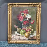 Tableau ancien « Nature morte aux fleurs et aux fruits ».