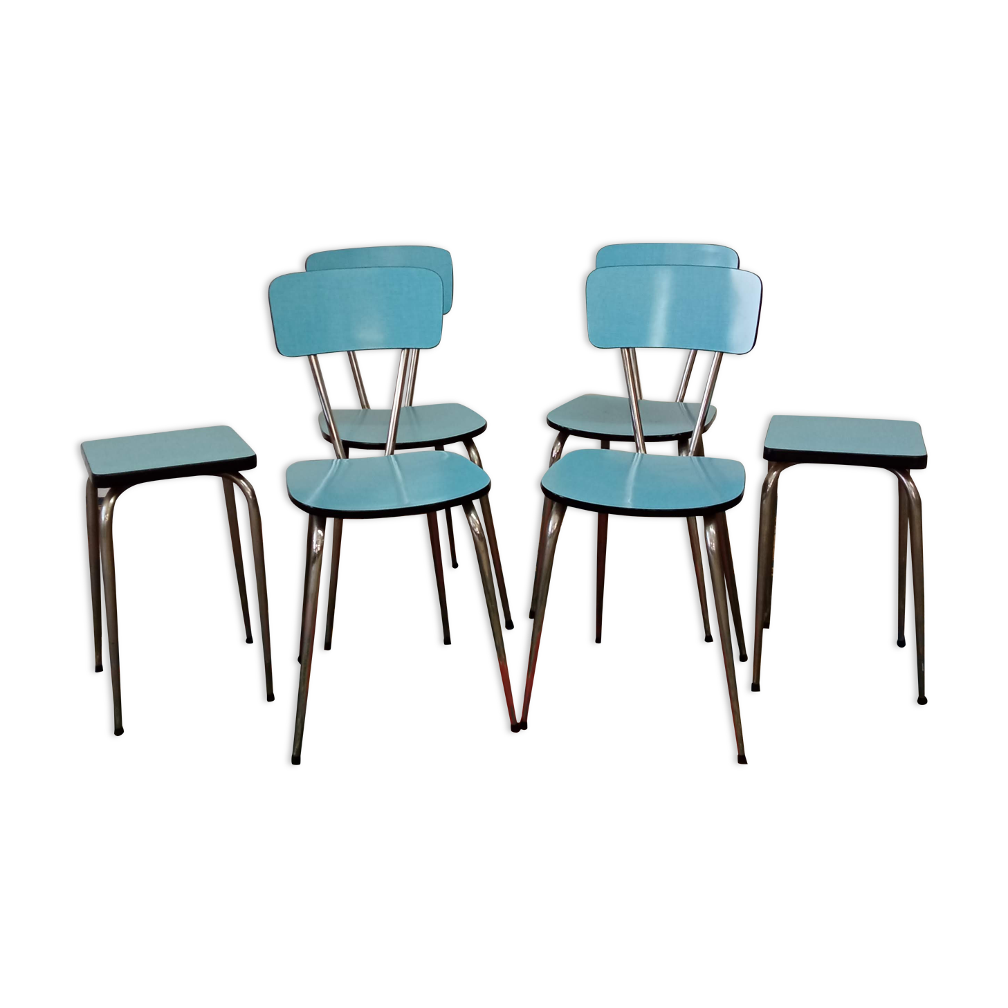 Blue formica chairs and stools