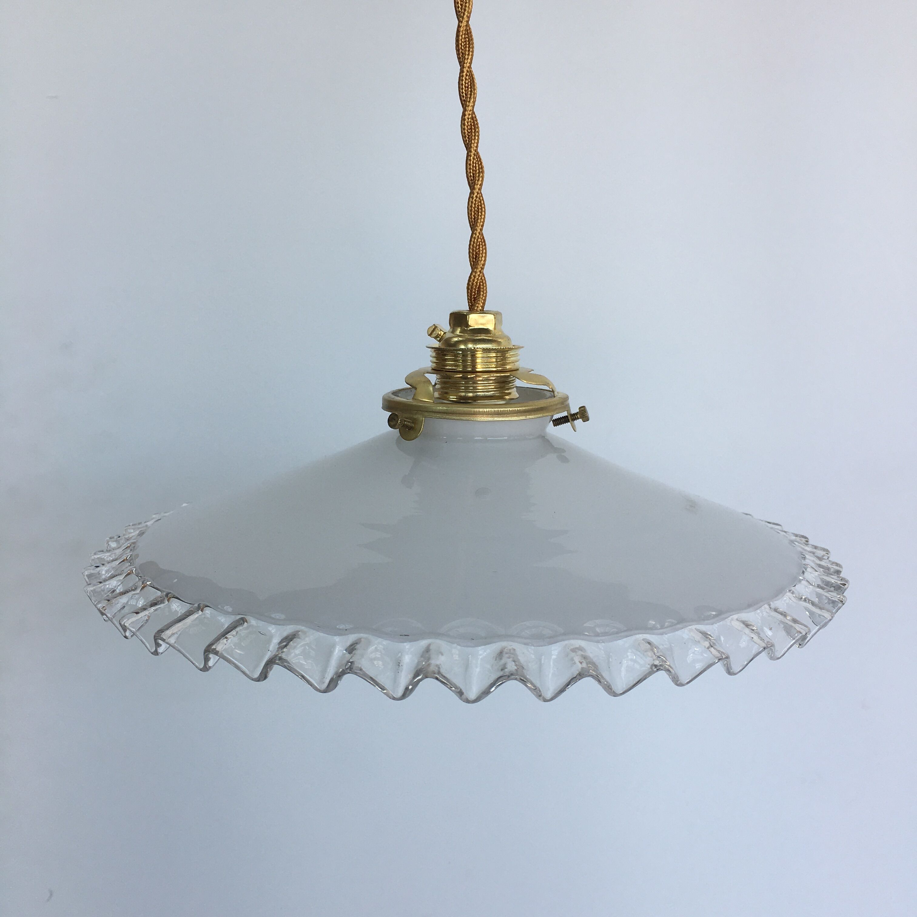 Pair of white opaline and toothed edges hanging lamps
