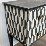 Small Italian chest of drawers with two drawers, patinated with a trompe-l'œil checkerboard pattern