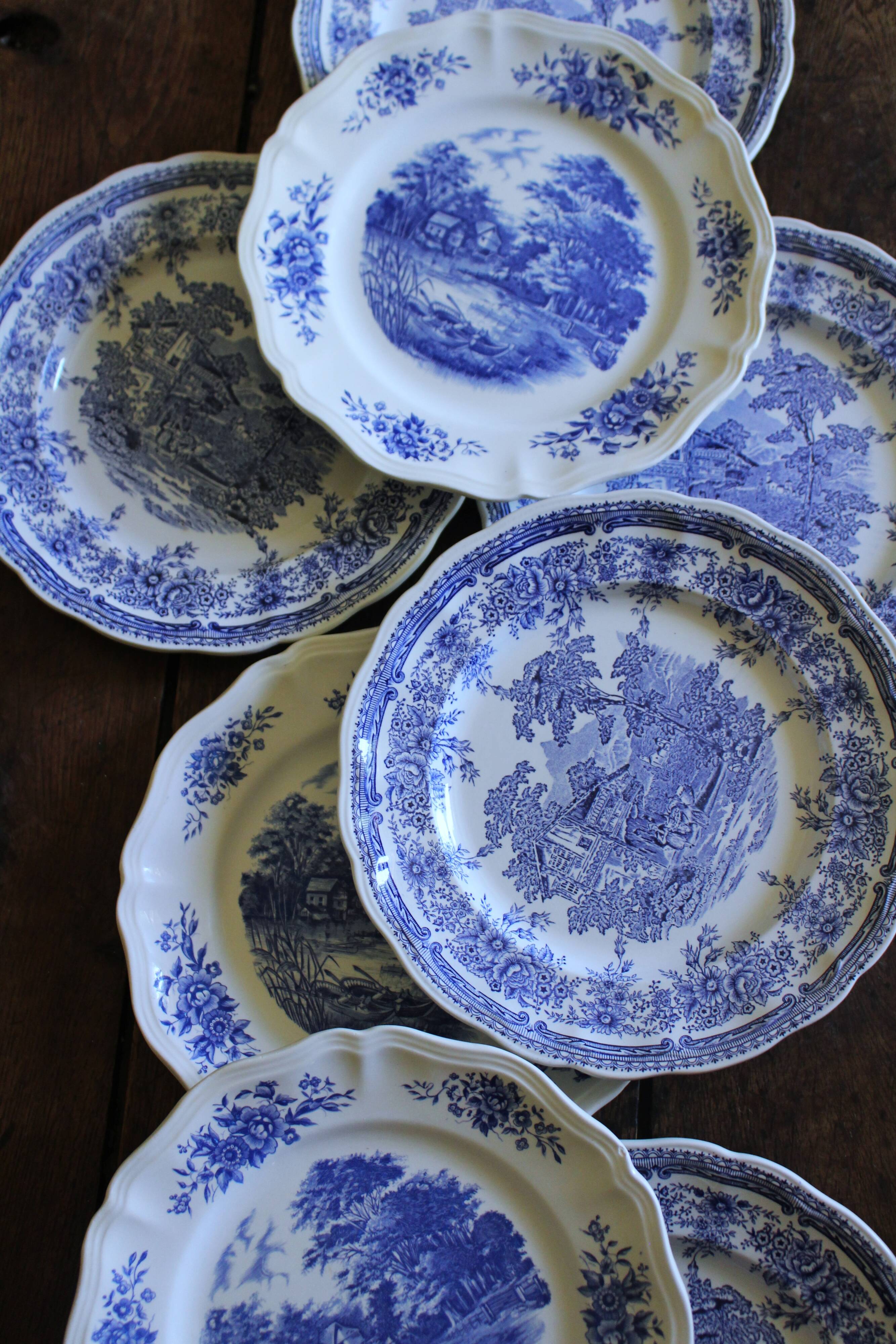 8 romantic blue Lunéville Sarreguemines dinner plates