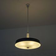 Large Mid Century suspension lamp with lacquered metal and engraved opaline glass from 1960.