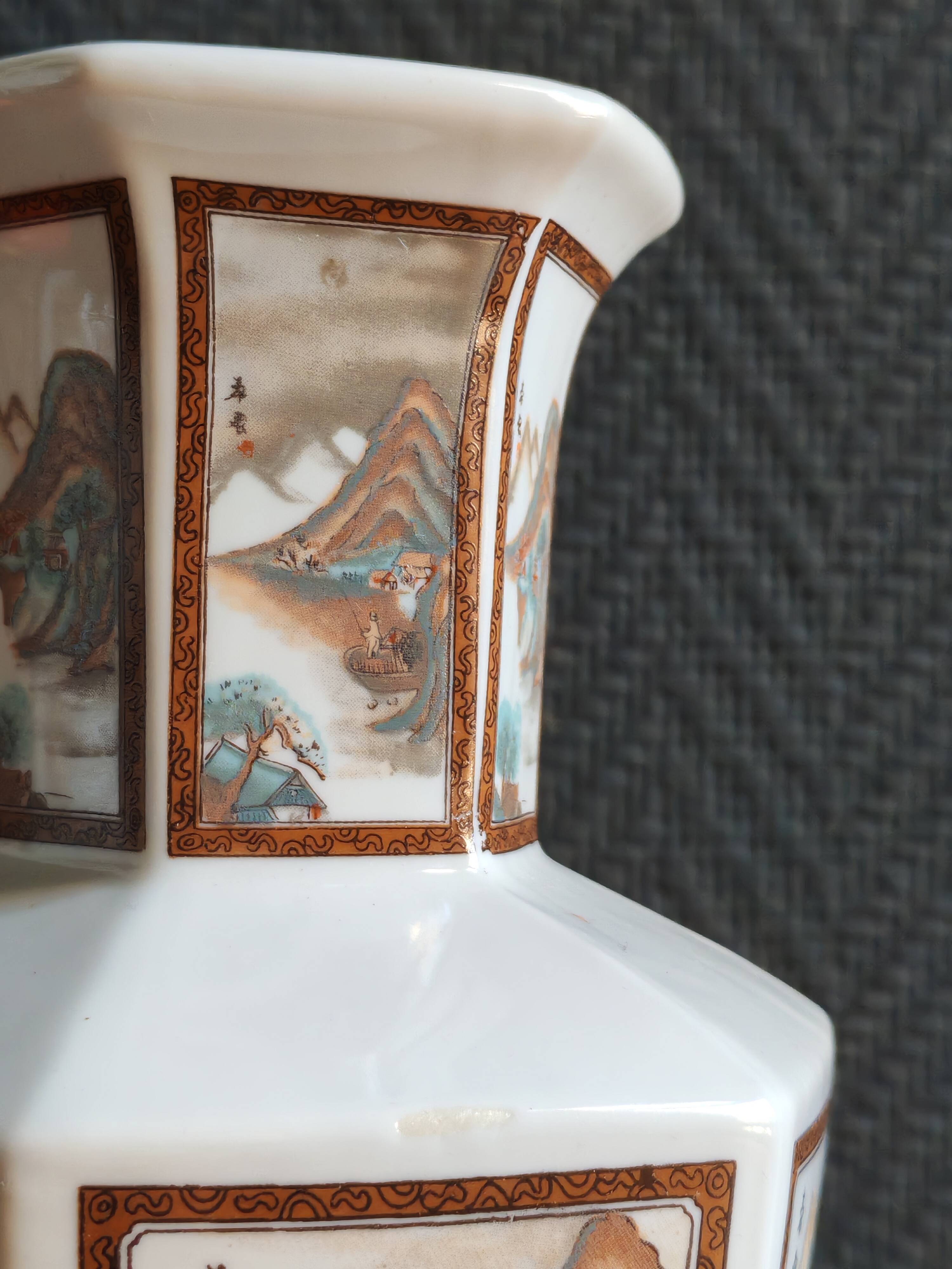 Vintage Hexagonal Japanese Porcelain Vase – Landscape Decoration