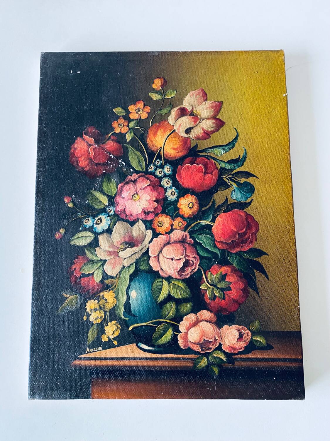 Oil on canvas bouquet of flowers signed Anceschi