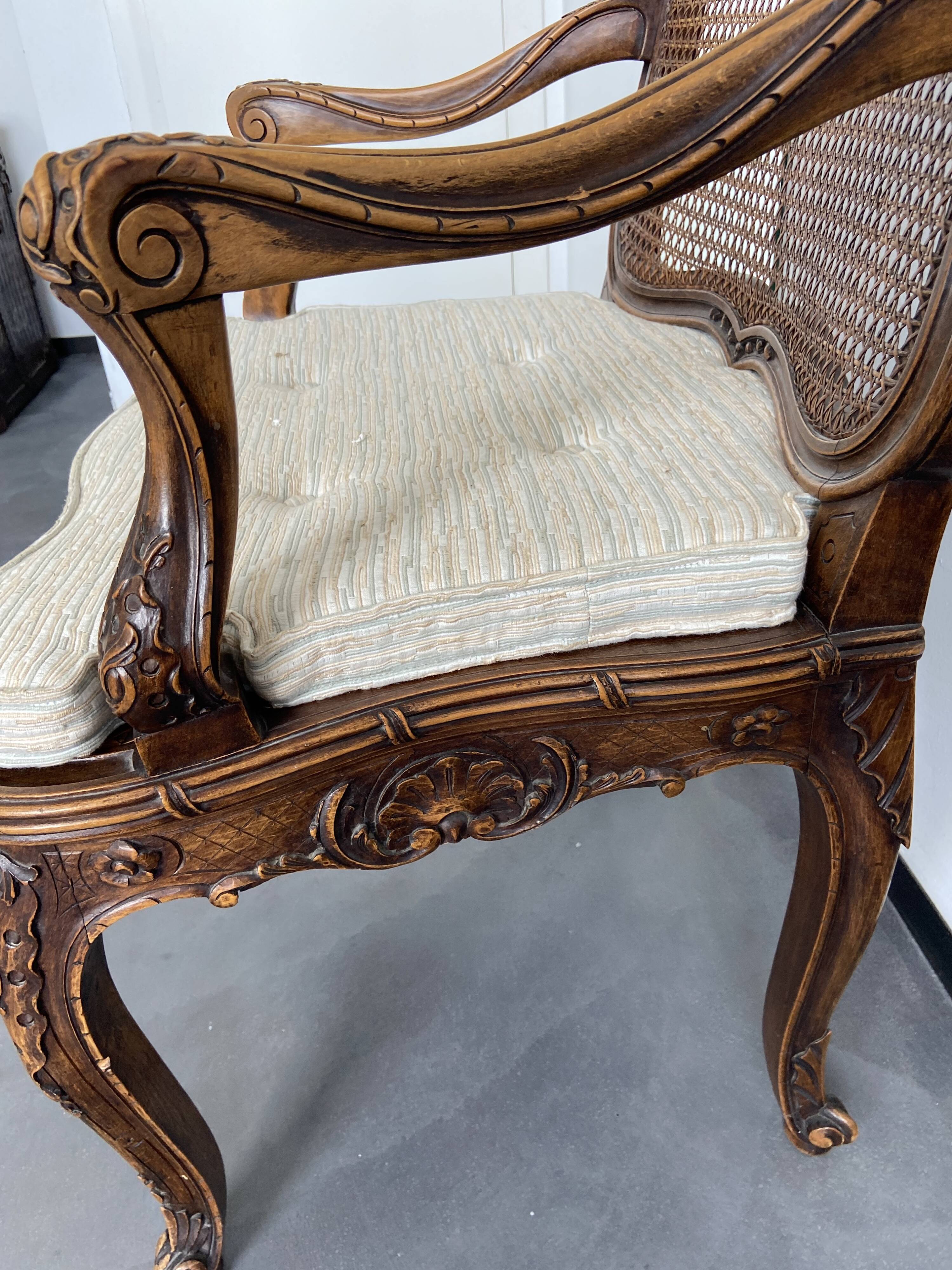 Regency canned armchair in carved walnut