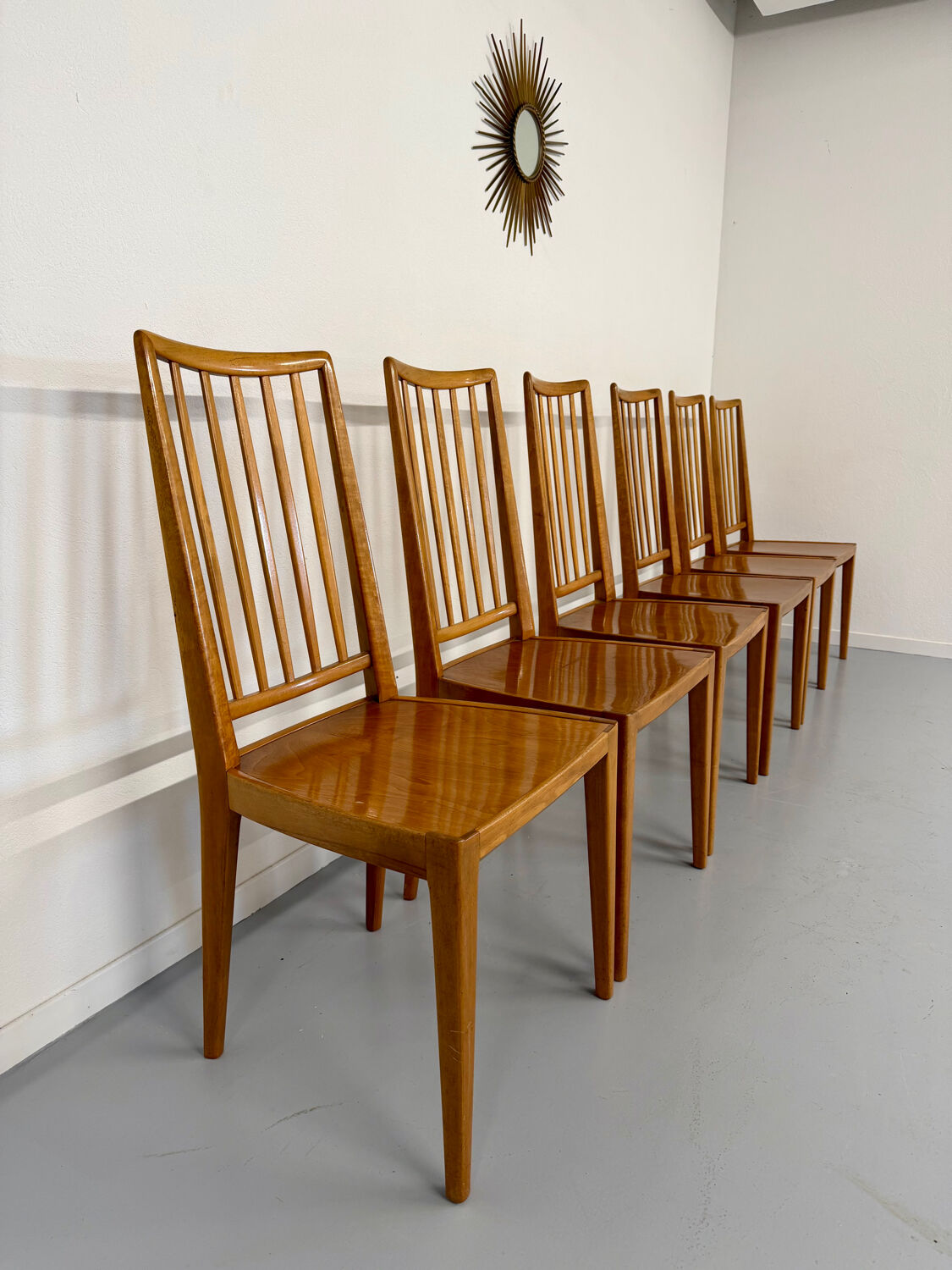 Lot de 6 chaises en hêtre massif vintage bois bicolore design annee 60