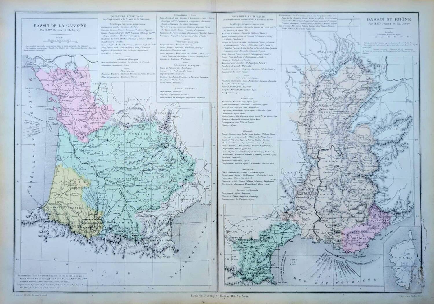 Rhône and Garonne, original map printed in 1879.