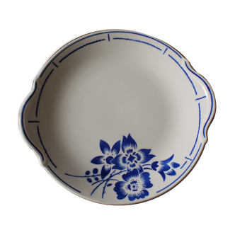 Pie dish Badonviller porcelain opaque flowers blue art deco