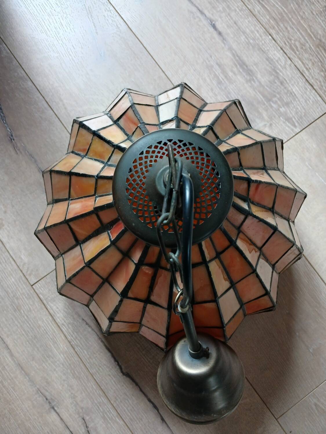 Antique stained glass and bronze pendant light