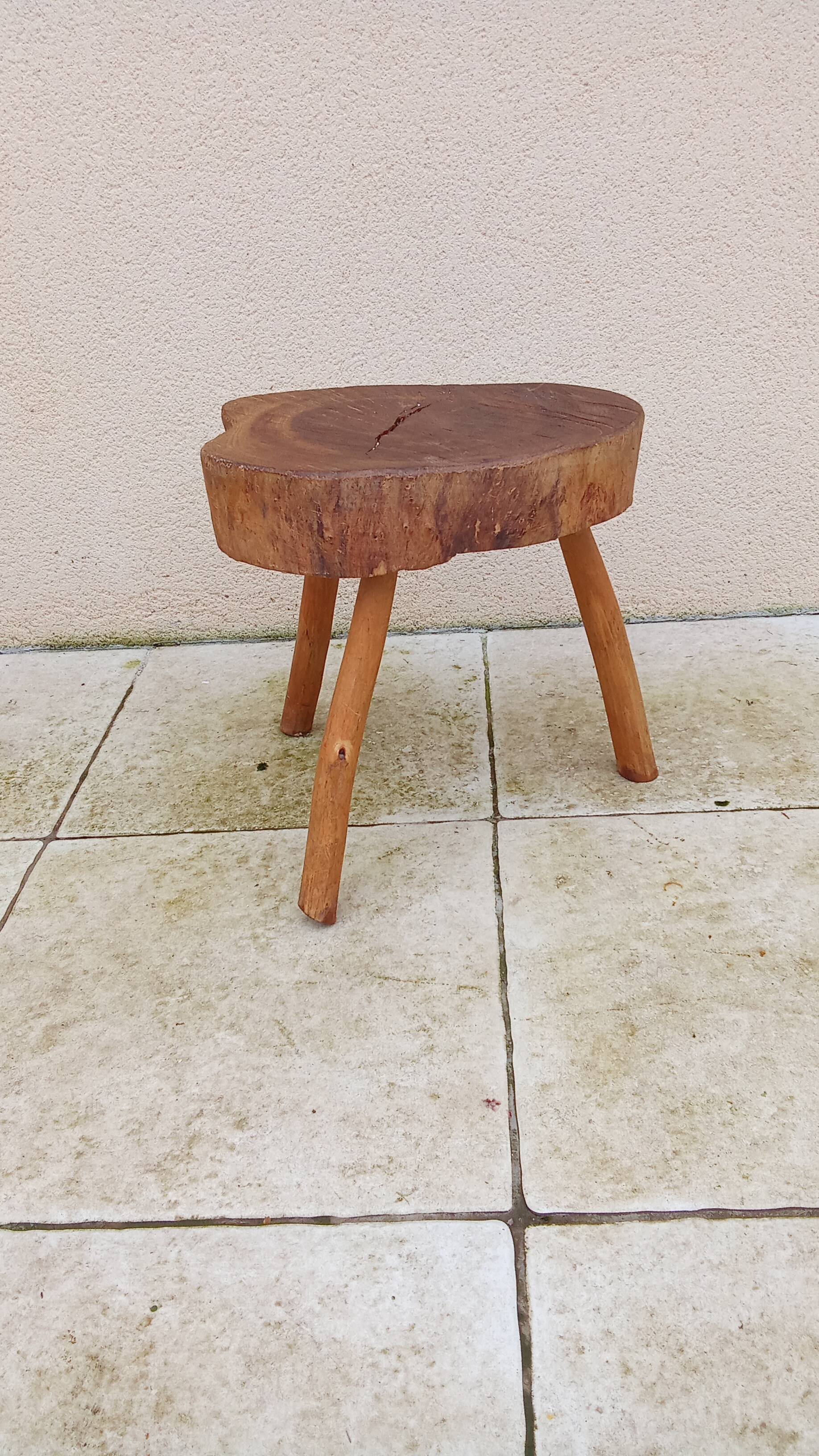 small vintage brutalist wooden tripod side table