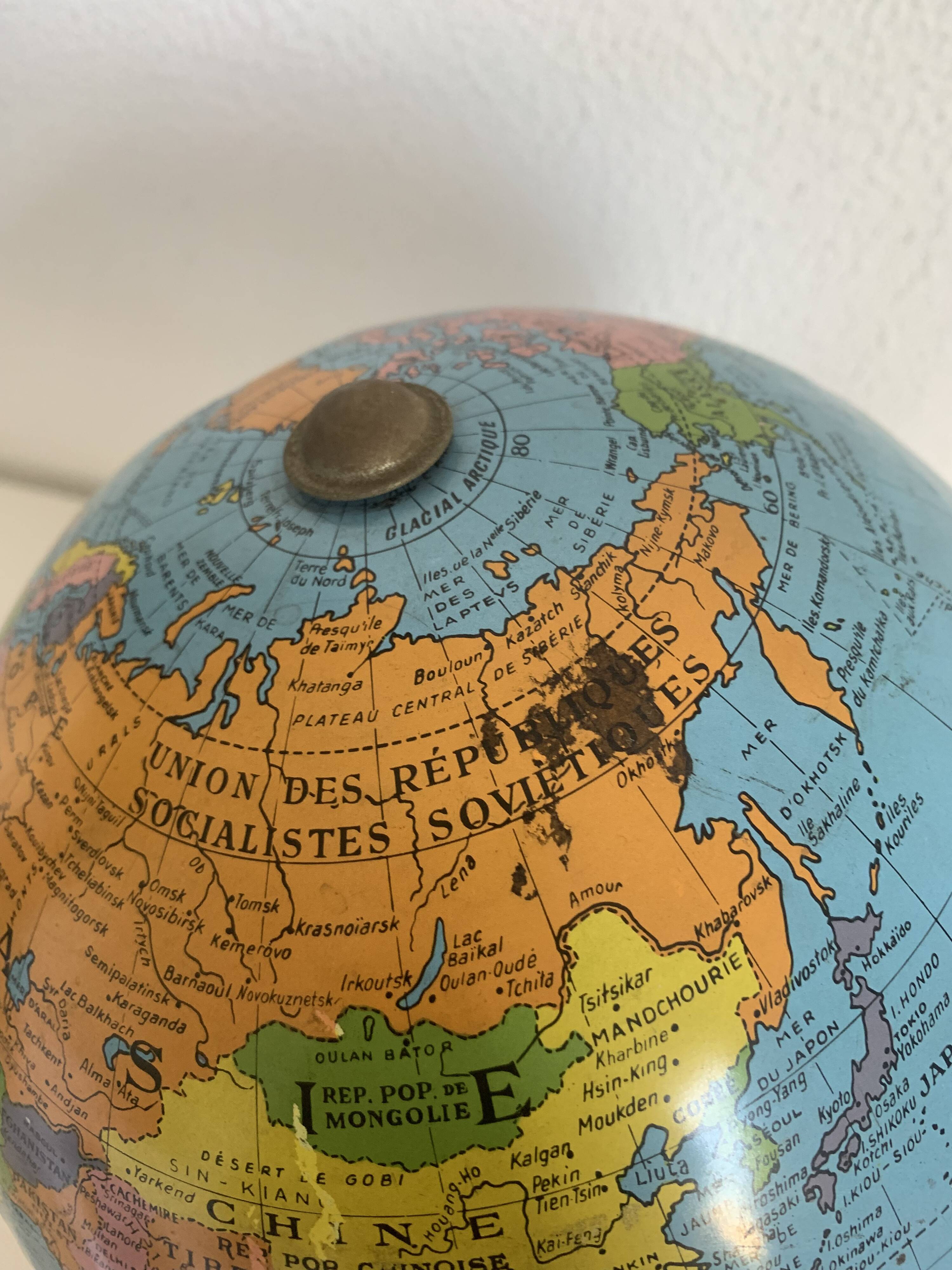 Vintage 1960s globe, Taride tripod, gold metal - 28 cm