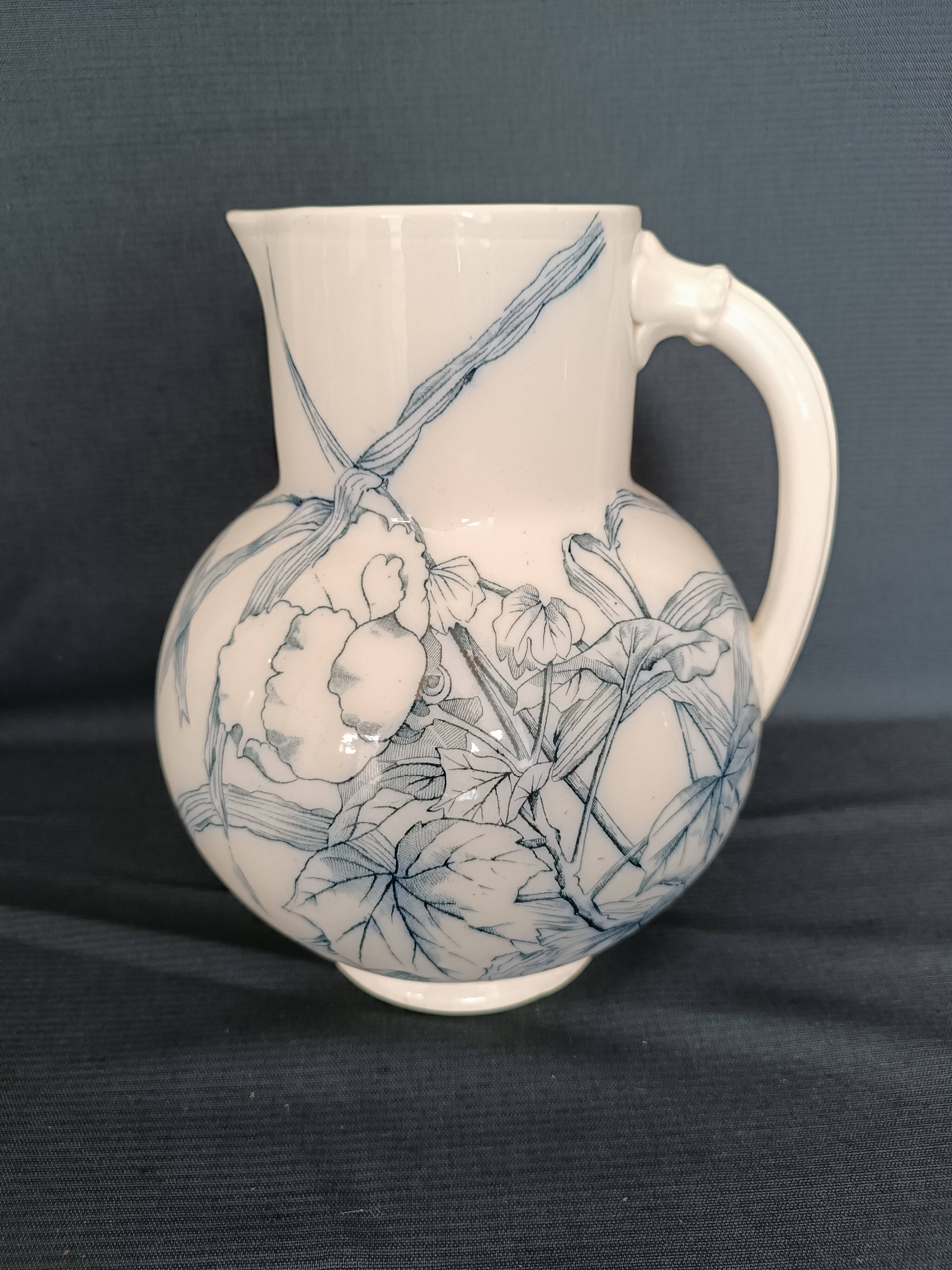 Pitcher jug vase earthenware floral decor blue early 20th century