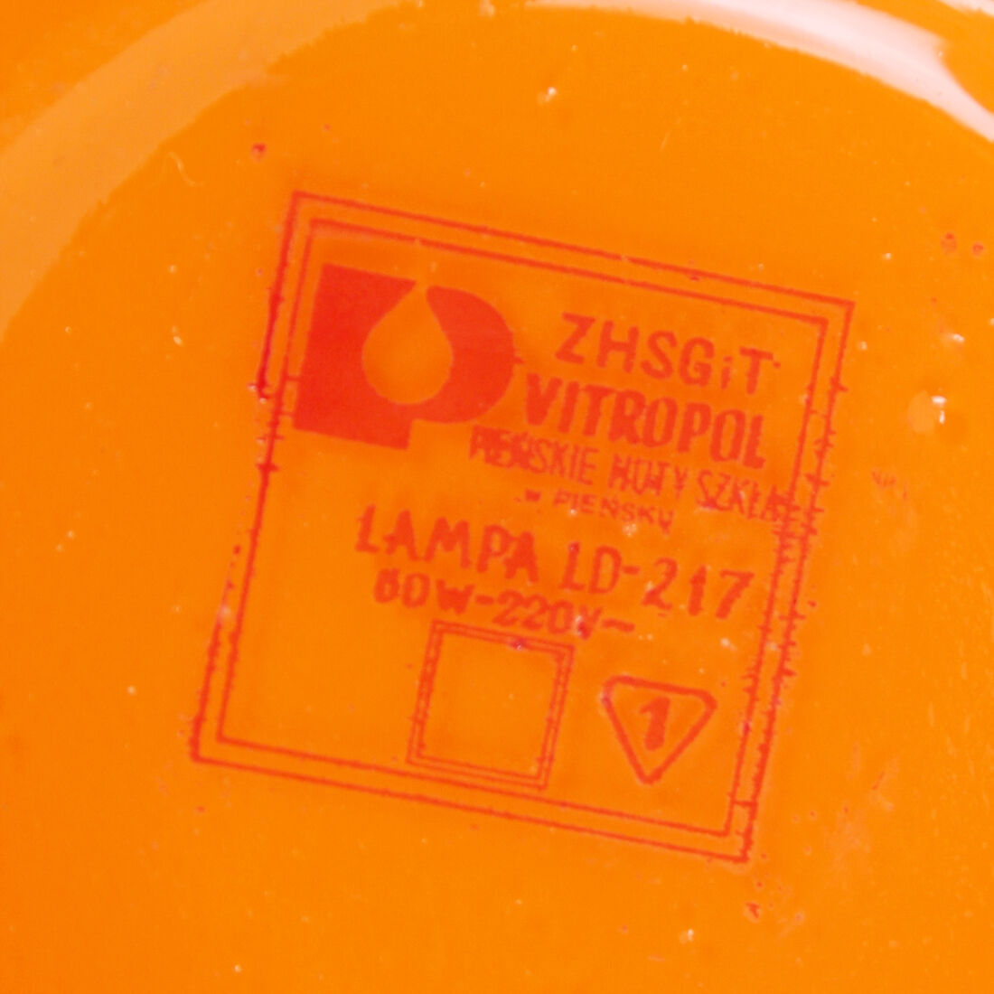 Orange glass table lamp by vitropol, poland 1960s