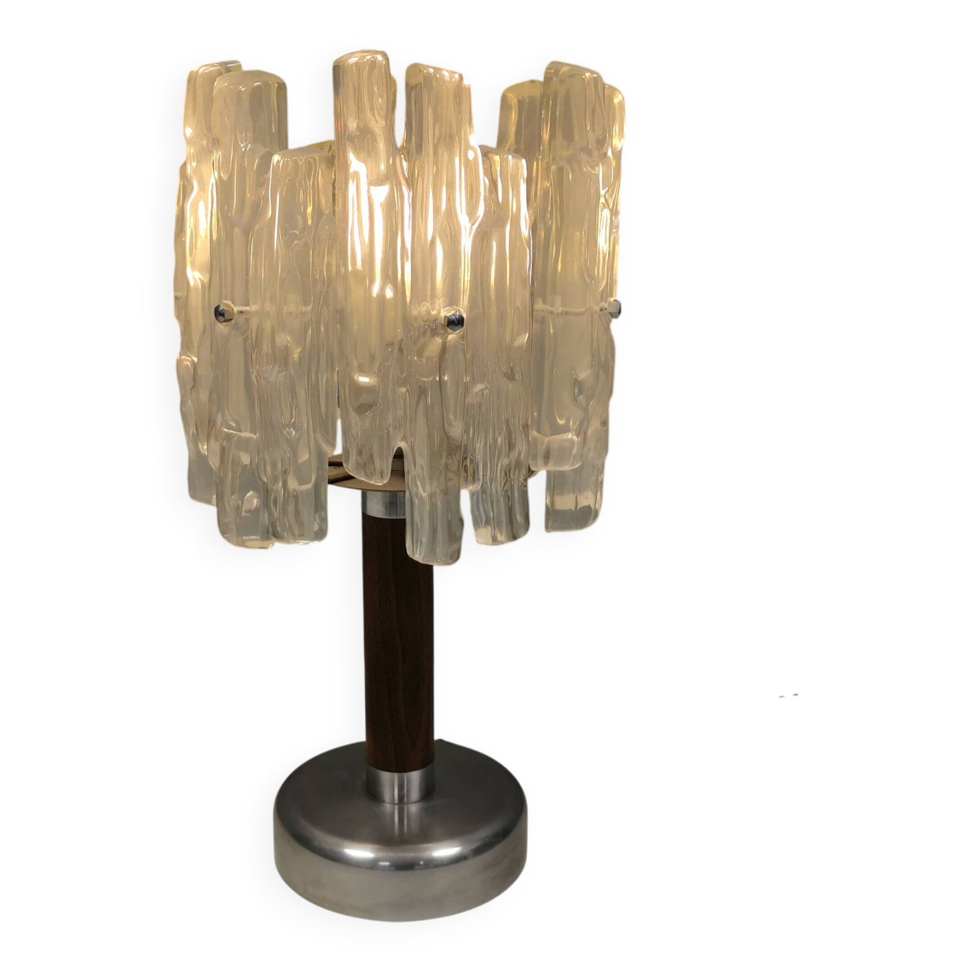 Table lamp with a teak ‘trunk’, silver-coloured metal base, acrylic shade