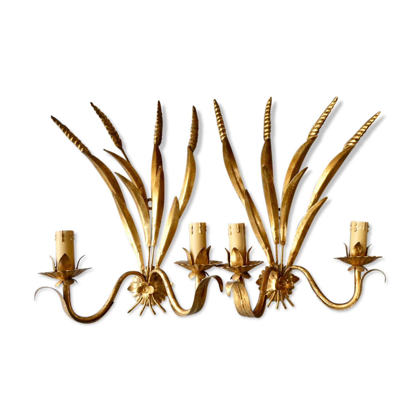 Pair of gold metal wheat ear sconces, 70s-80s