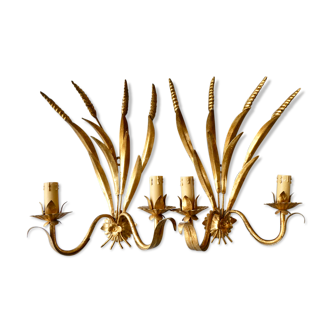 Pair of gold metal wheat ear sconces, 70s-80s