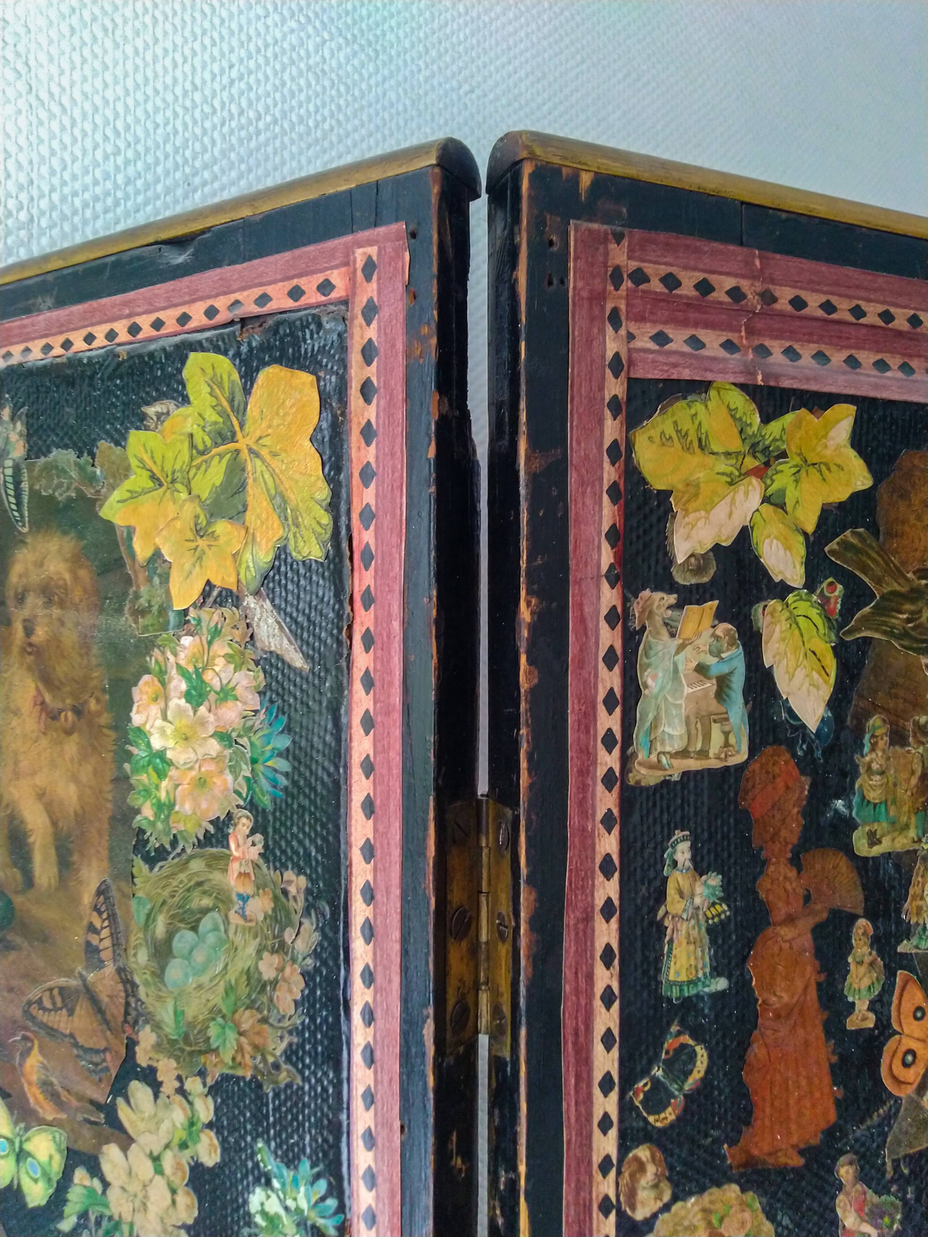 English Victorian 3-panel screen with varnished chromos