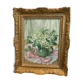 Oil on canvas by " Louise Cottin " Bouquet of thrush XX century